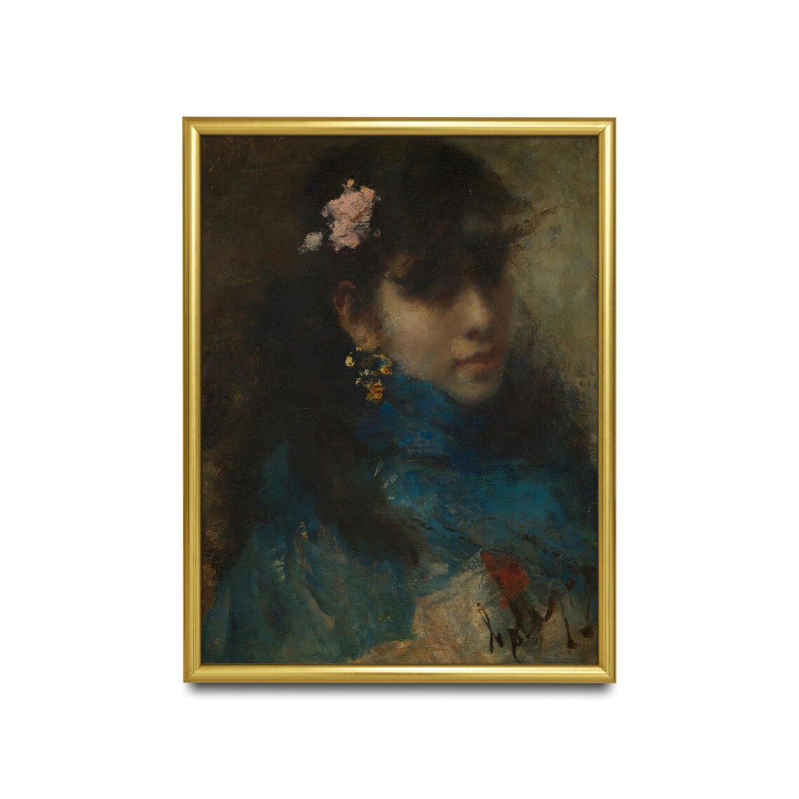 Young Woman in Blue with a Pink Flower in Her Hair Portrait Poster - Image 2