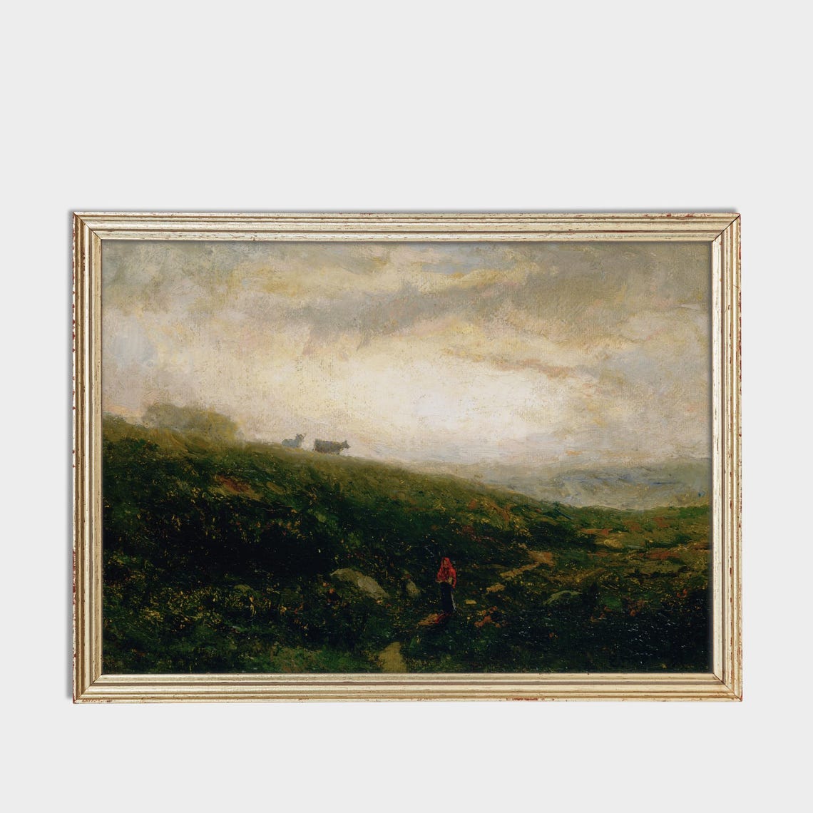 Misty Morning Cattle Grazing on Green Hills Antique Landscape Poster - Image 3