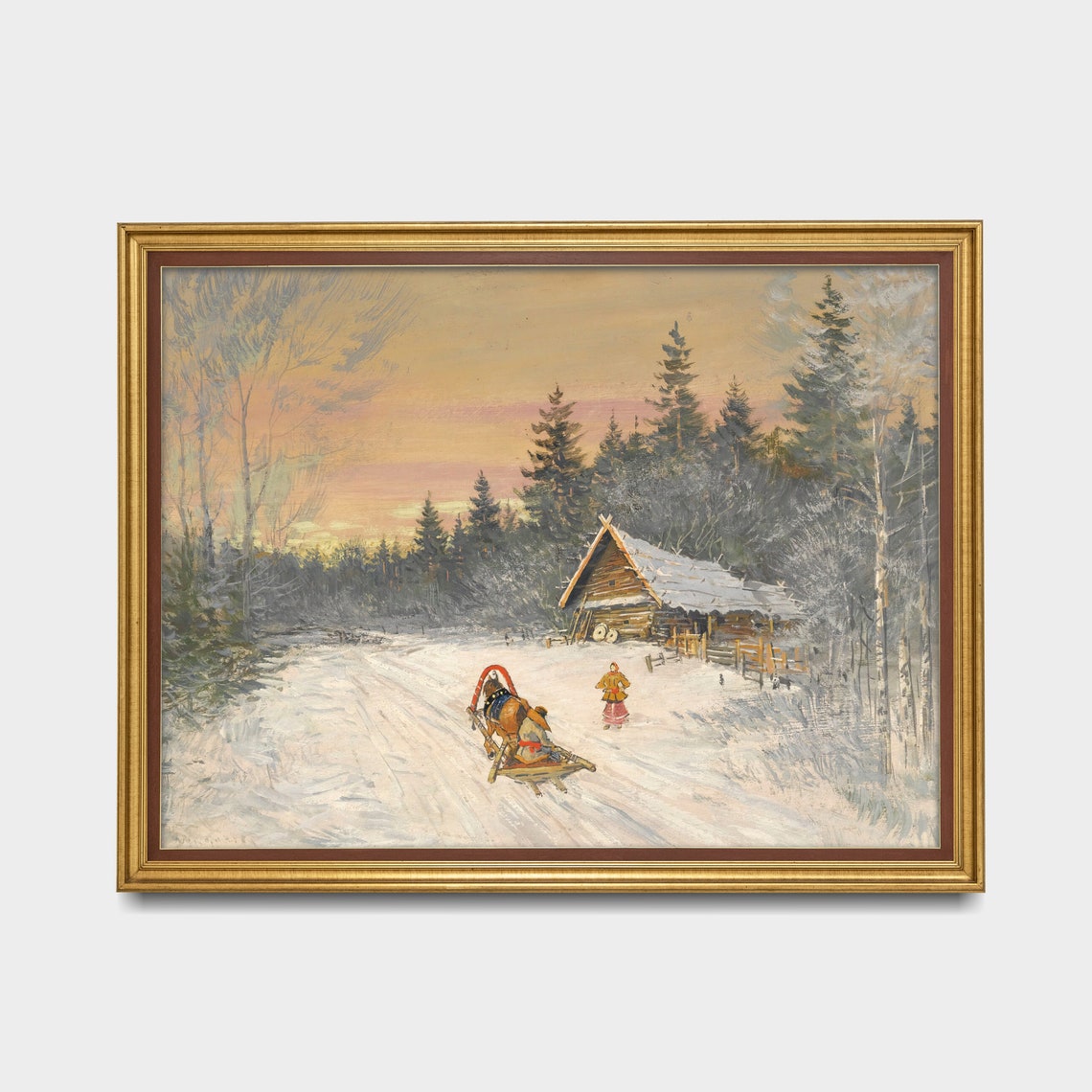 Troika Sleigh Arriving at a Log Hut at Winter Sunset Folk Poster - Image 2