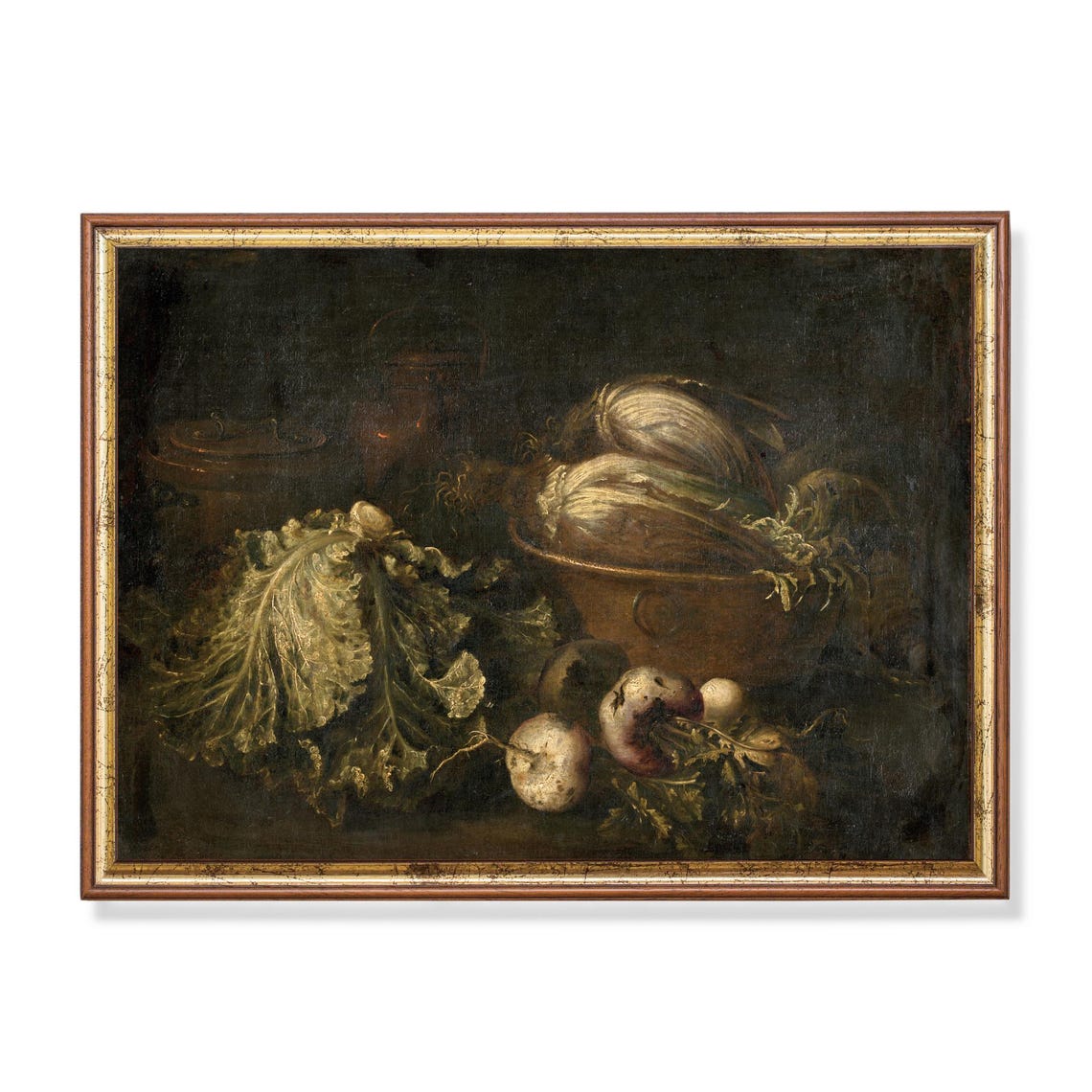 Cabbages and Turnips in a Dark Kitchen Vintage Still Life Poster