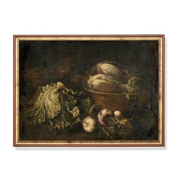 Printed And Shipped Vintage Still Life With Vegetables Antique Kitchen Print Moody Kitchen Wall Art Physical Prints Dark Academia