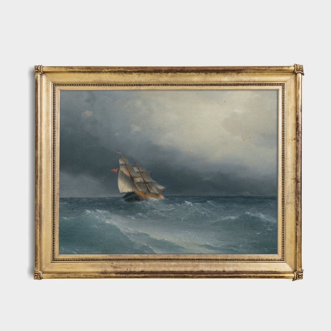 Sailing Ship on Stormy Seas Antique Nautical Painting Poster - Image 2