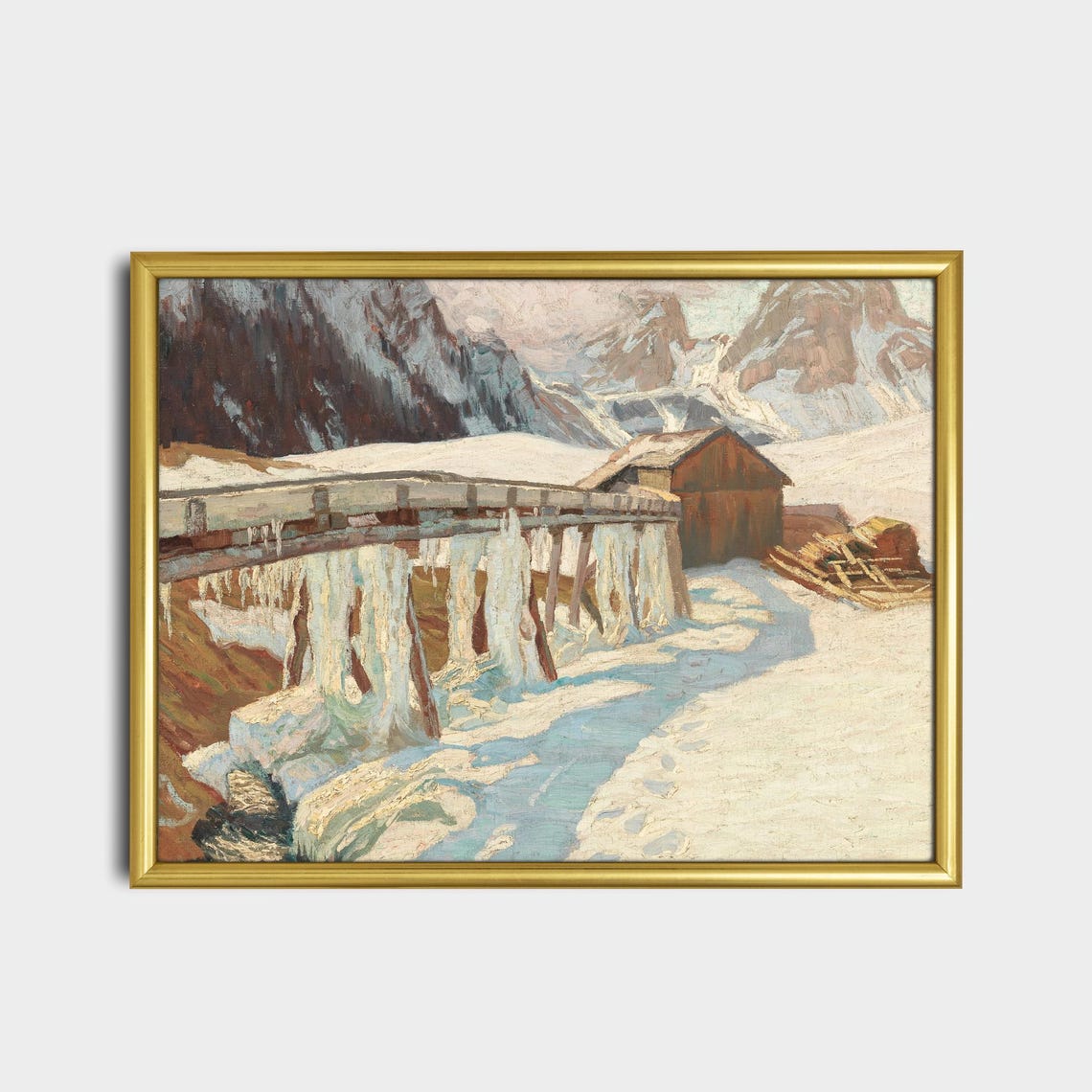 Frozen Alpine Mill with Icicles Winter Mountain Scene Poster - Image 2