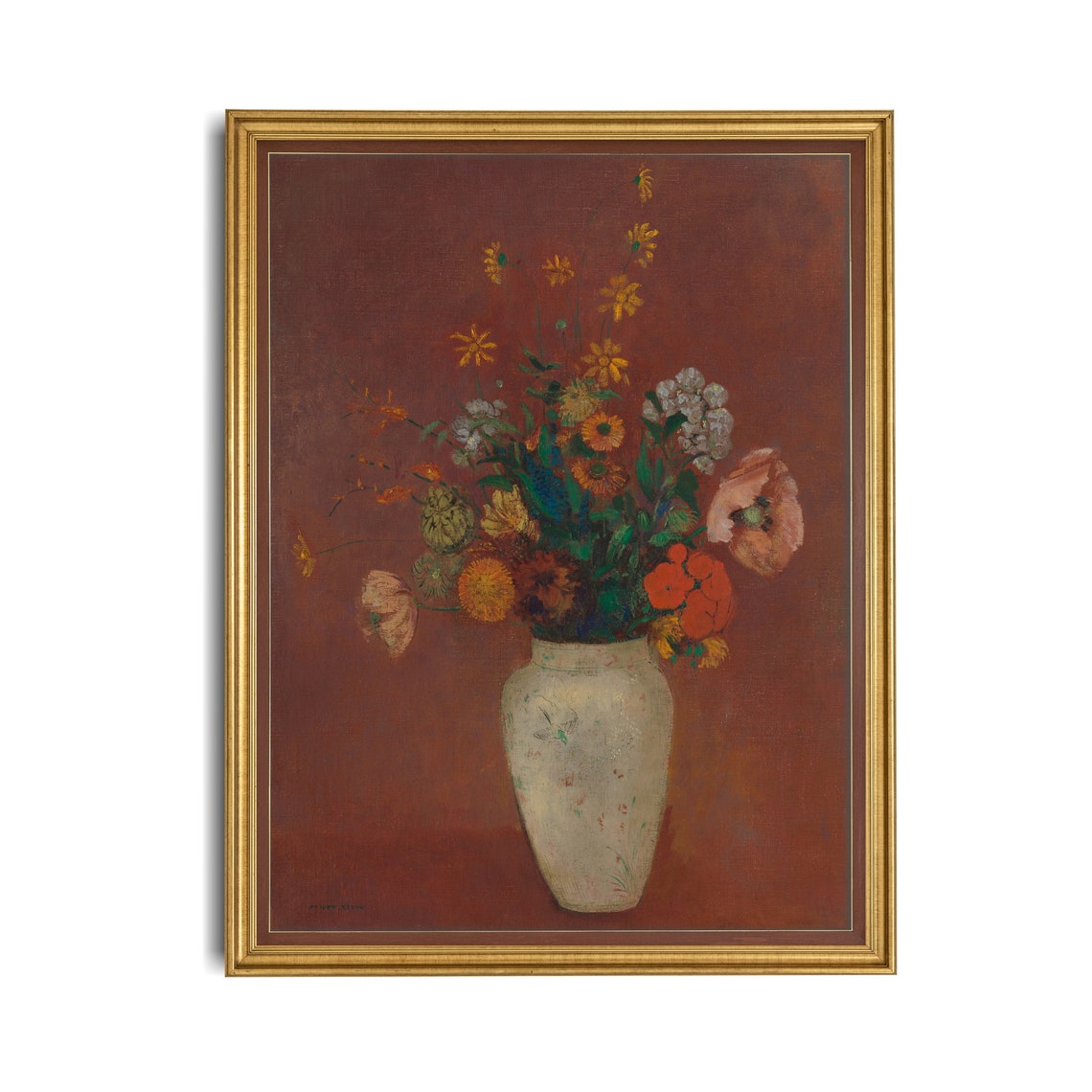 Wildflowers in a White Vase Against a Rust Red Ground Poster - Image 4