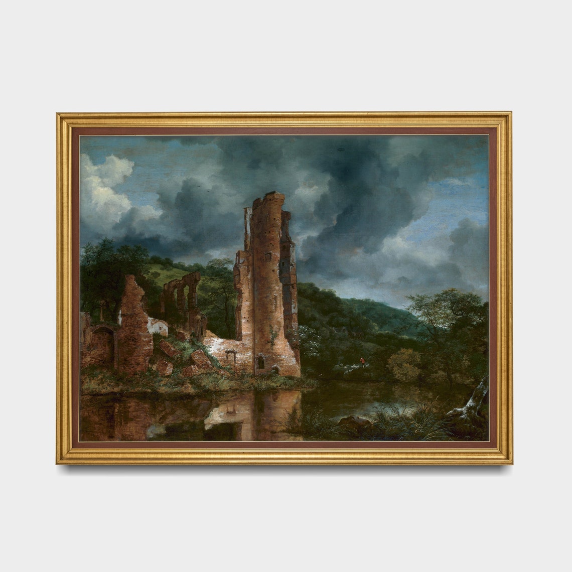 Ruined Brick Castle Tower by a River Under a Stormy Sky Poster - Image 3