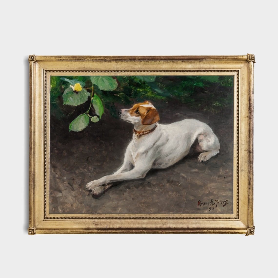 White Hound Resting Beneath Green Leaves Antique Dog Painting Poster - Image 2