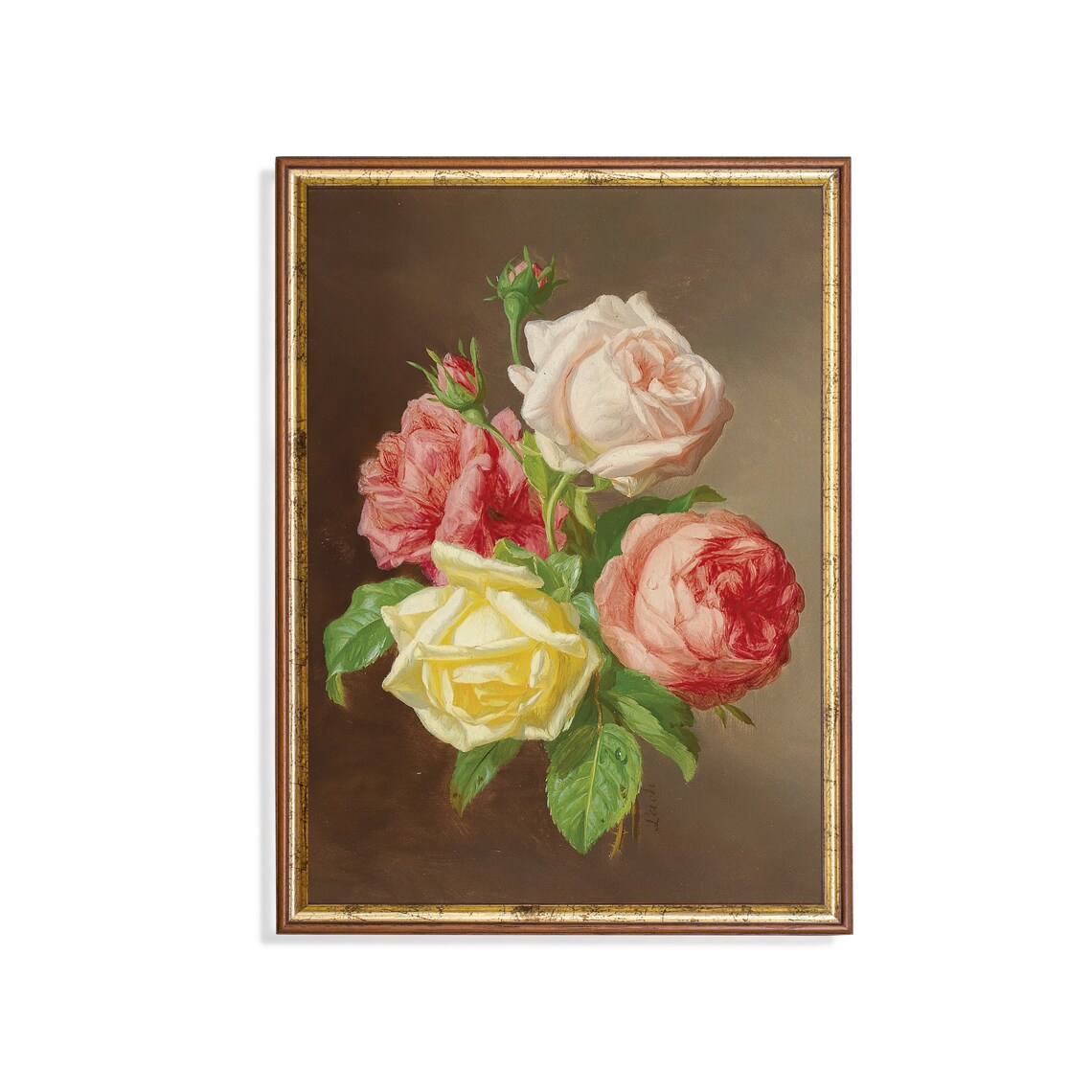 Loose Pink White and Yellow Garden Roses Vintage Floral Poster
