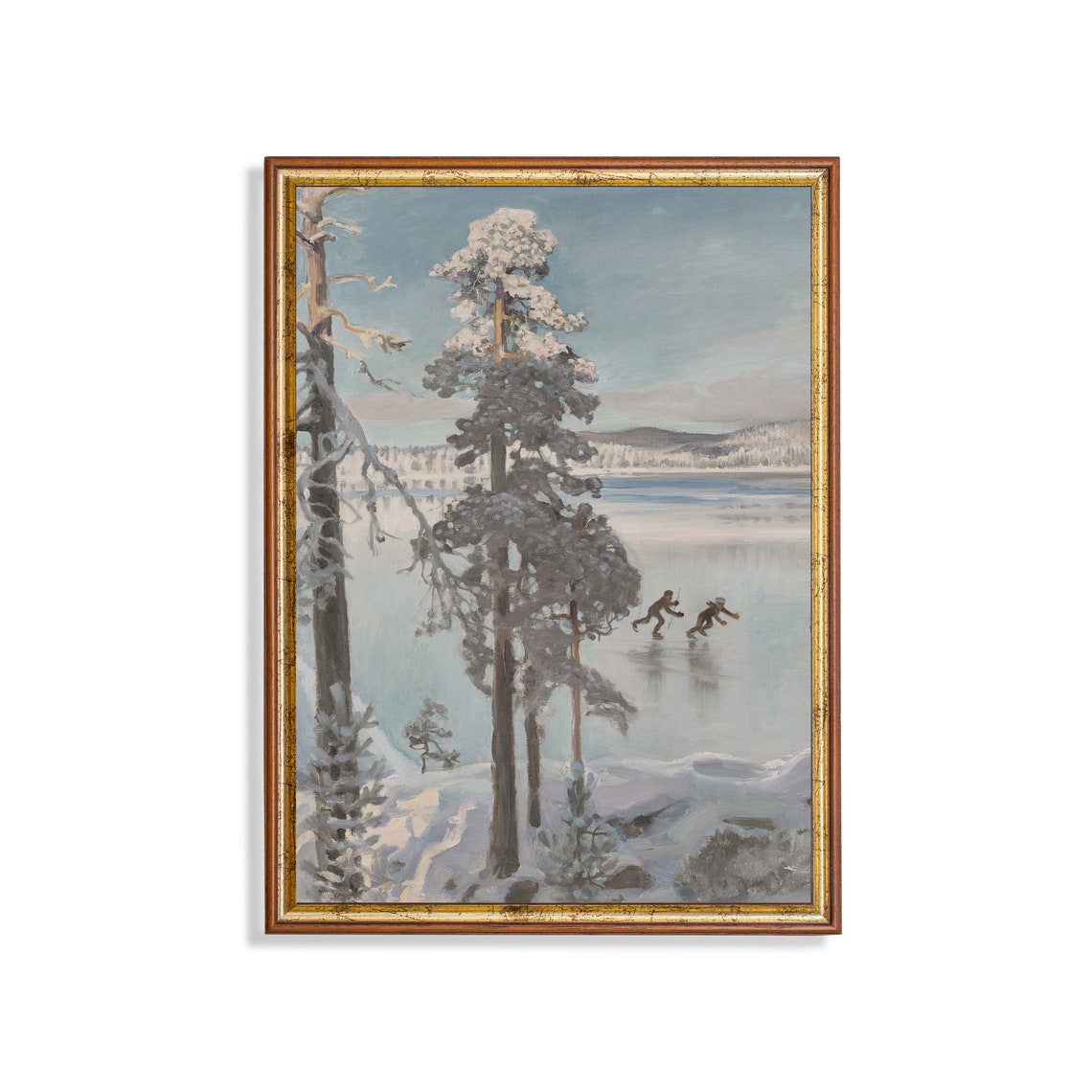 Skaters on a Frozen Lake Among Tall Snowy Pine Trees Forest Poster