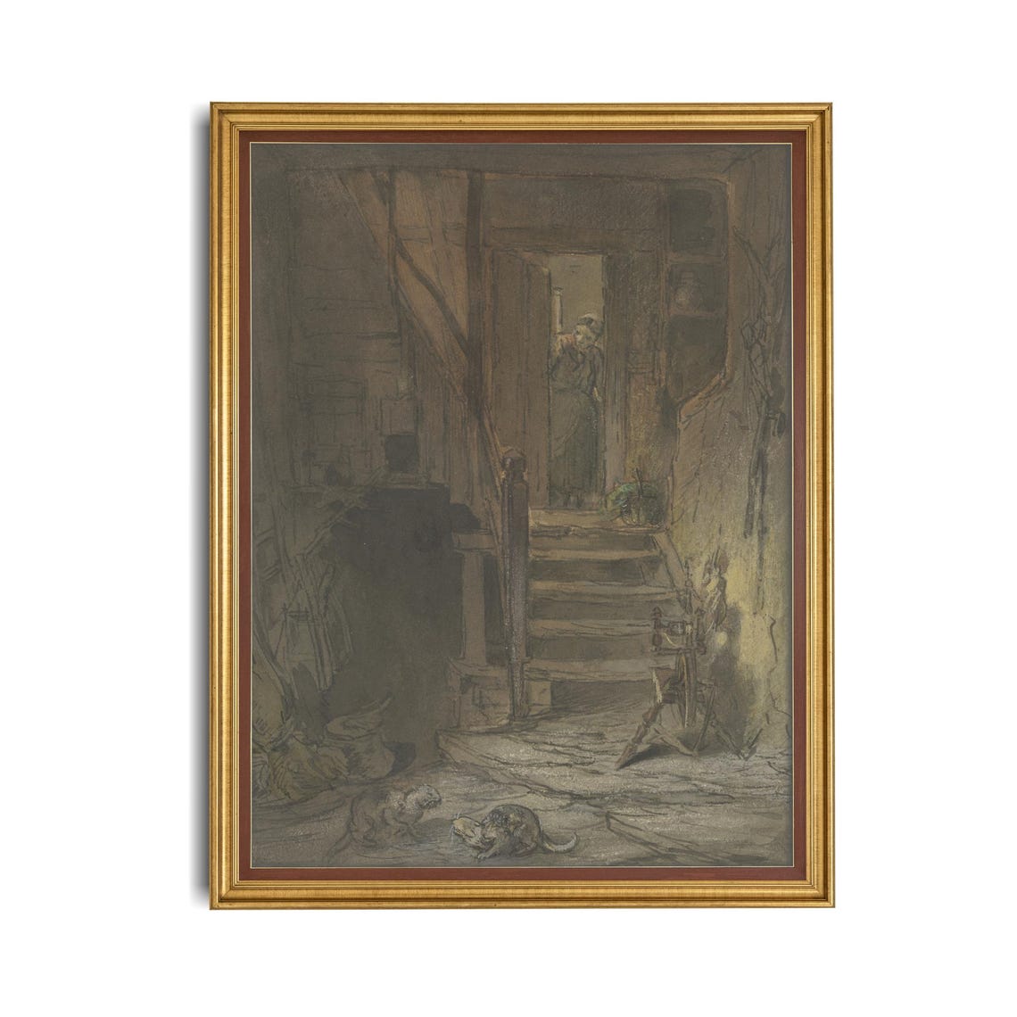 Two Cats In A Dark Old Farmhouse Interior Vintage Sketch Poster - Image 4