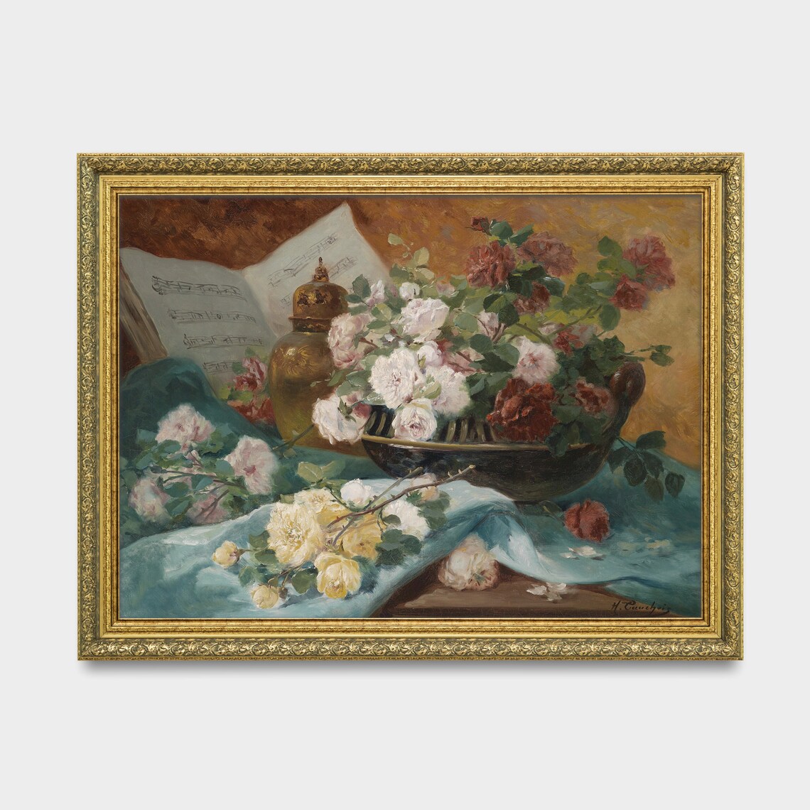 Antique Roses Still Life With Sheet Music and Brass Vase Poster - Image 3