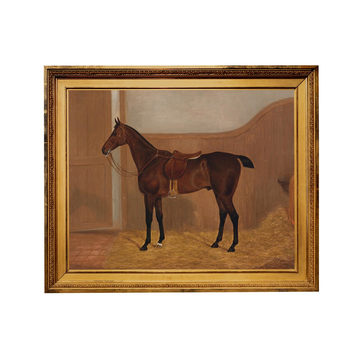 Saddled Bay Horse in Stable Vintage Equestrian Oil Painting Poster - Image 3
