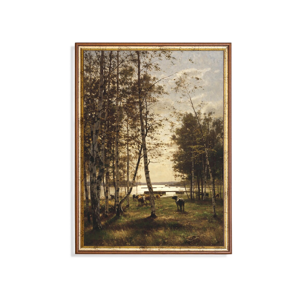 Vintage Landscape with Cows, Rustic Riverscape Art Print