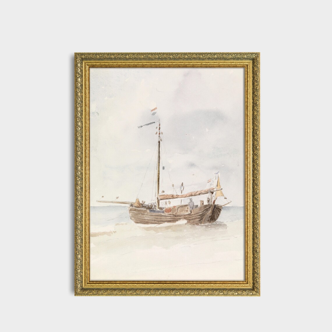 Dutch Fishing Boat on the Beach Soft Watercolor Painting Poster - Image 3