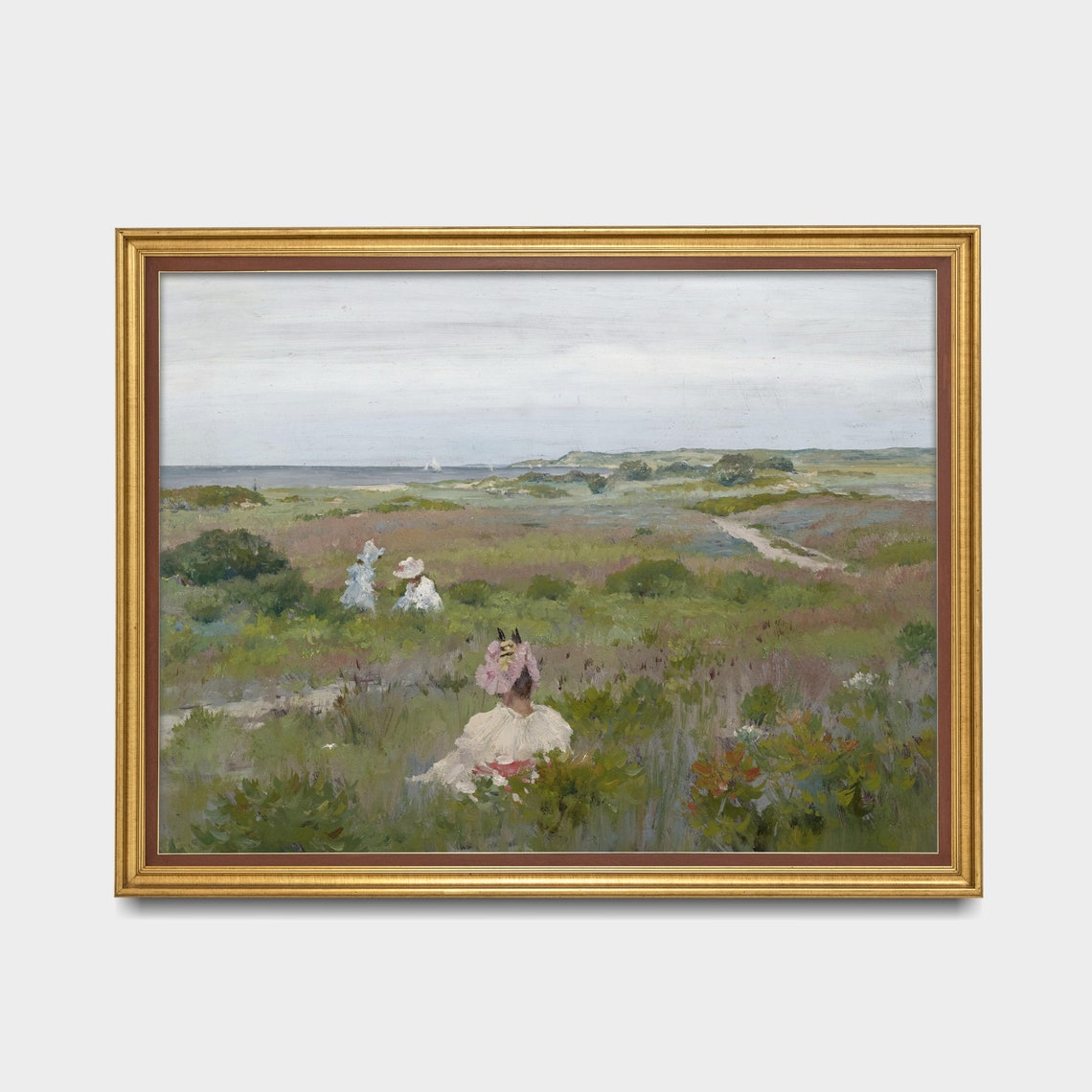Women in White Dresses on a Coastal Meadow Vintage Seaside Poster - Image 2