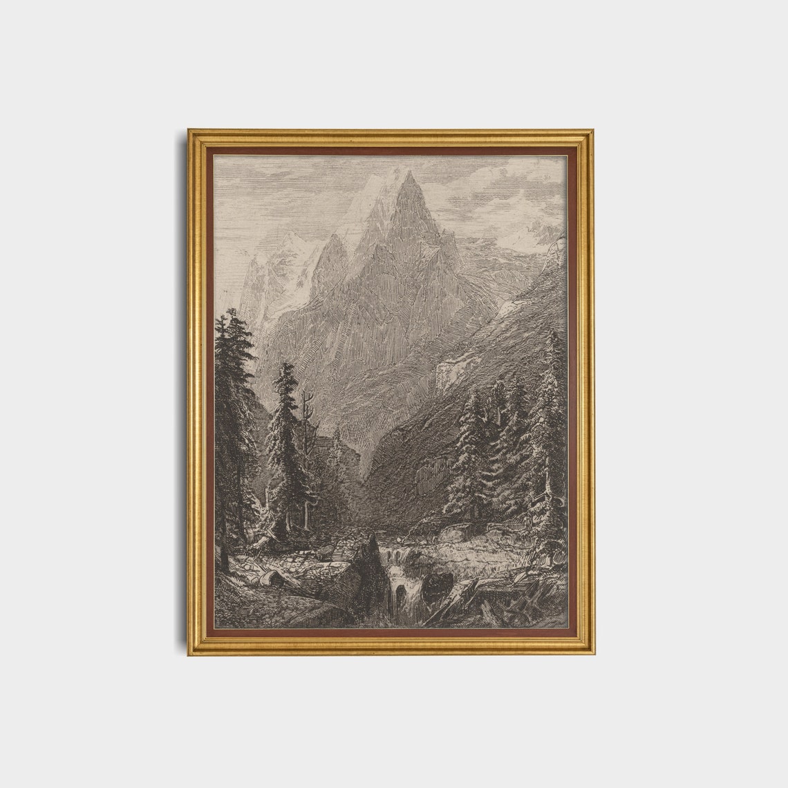 Snowy Alpine Peak Engraving with Pines Antique Mountain Poster - Image 3