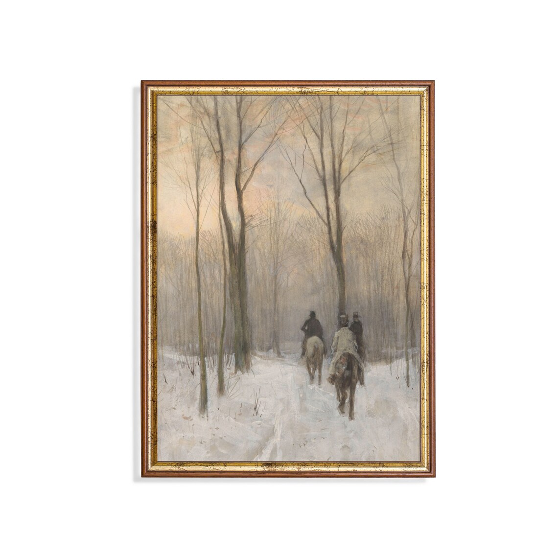 Horse Riders in a Snowy Winter Woodland Vintage Painting Poster