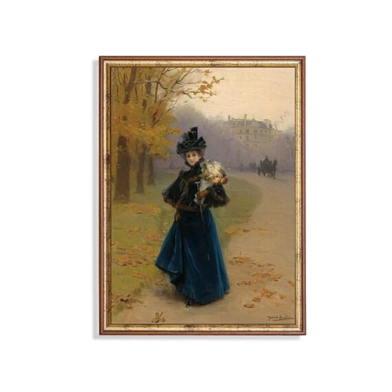 Victorian Lady in Blue Gown With Autumn Flower Bouquet Poster