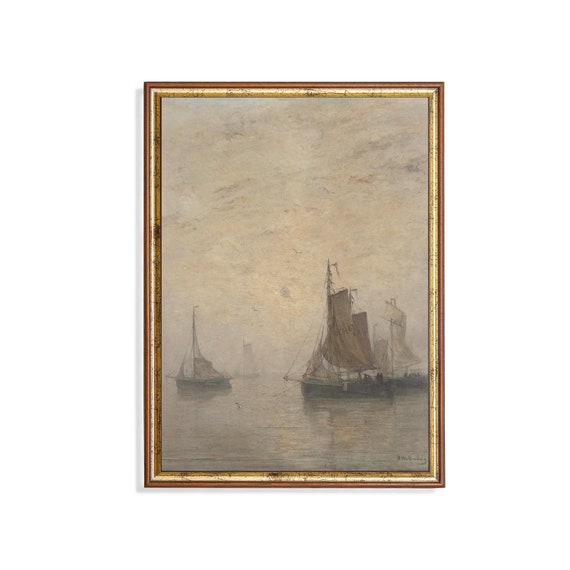 Vintage Sailing Ship Painting Antique Nautical Decor Muted Seascape Fine Print Neutral Artwork Wall Art