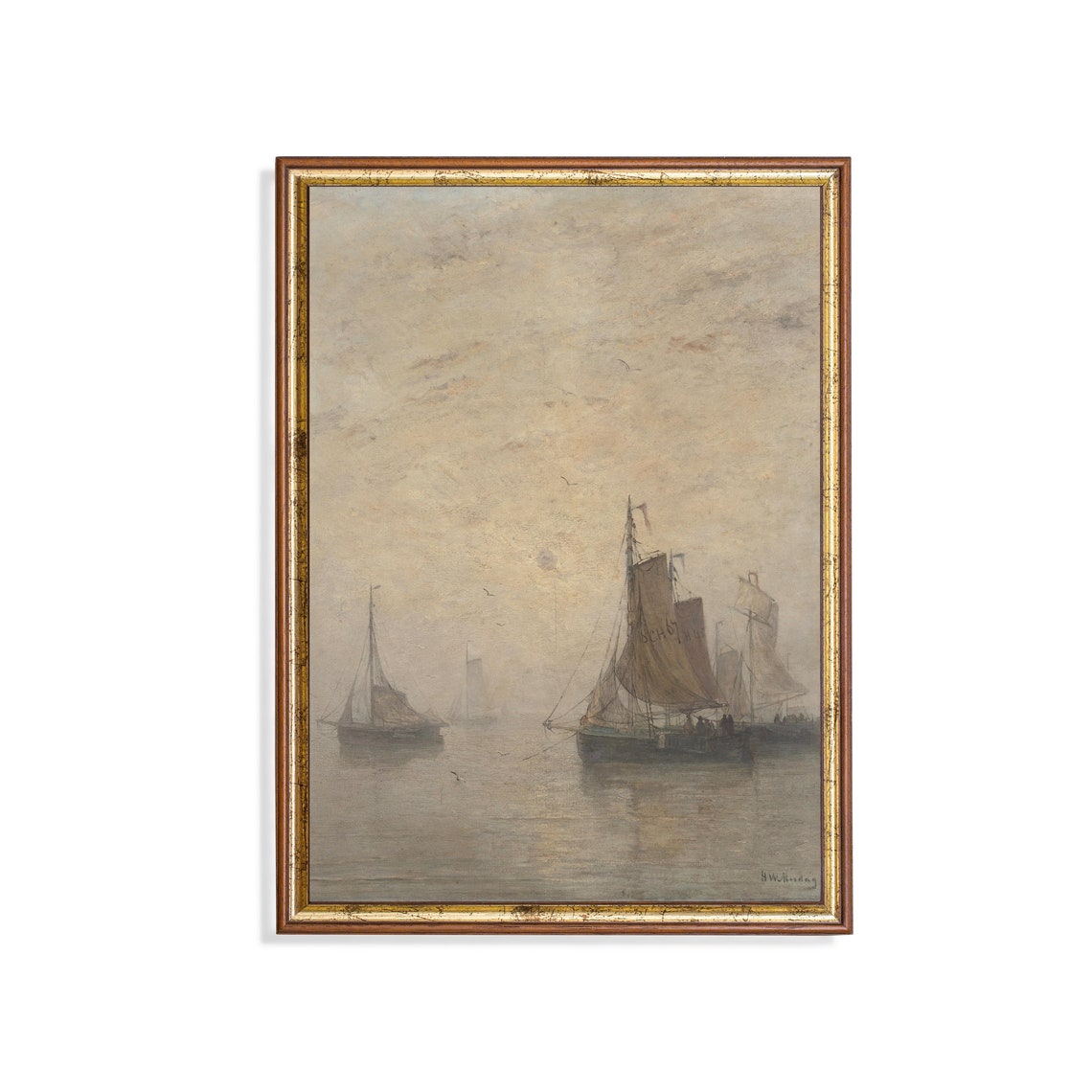 Vintage Sailing Ship Painting Antique Nautical Decor Muted Seascape Fine Print Neutral Artwork Wall Art