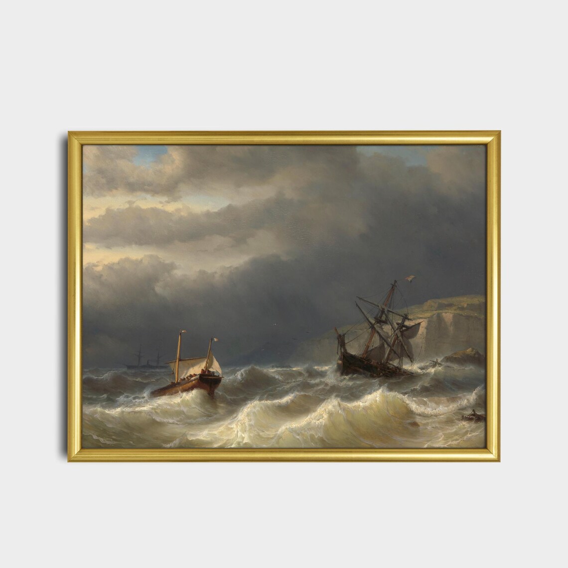 Sailing Ships Battling Storm Waves Near Rocky Cliffs Marine Poster - Image 2