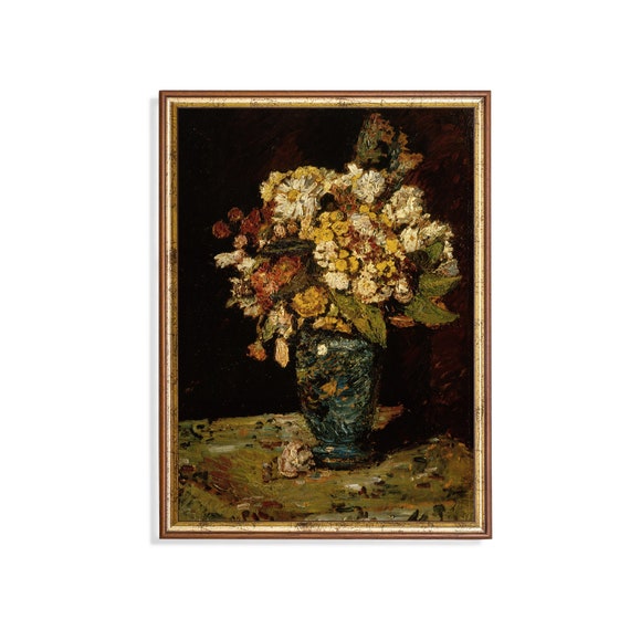 Vintage Still Life With Flowers Antique Floral Painting Fall Home Decor Rustic Moody Fine Art Wall Art