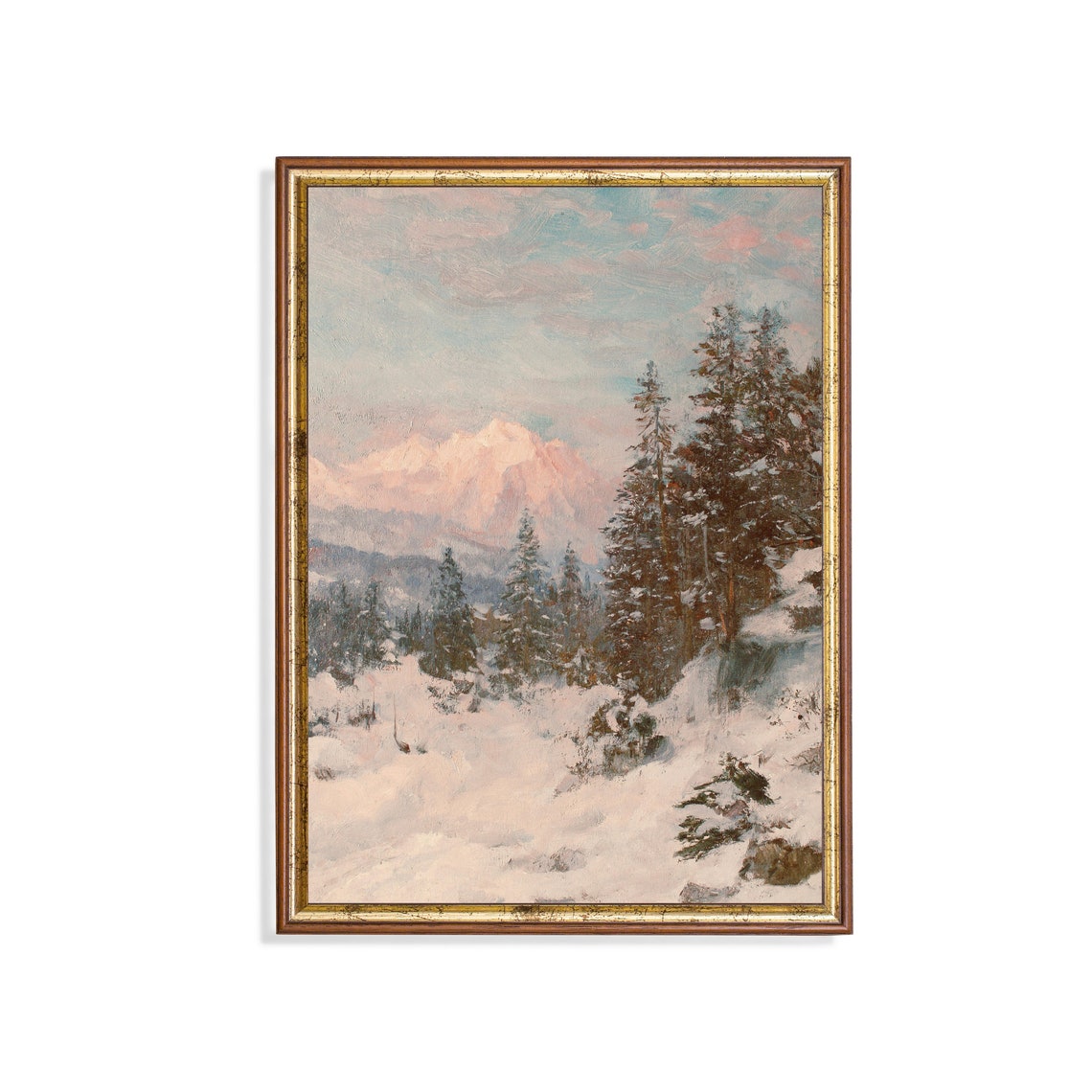Snowy Alpine Valley at Pink Dawn with Frosted Tall Pines Poster