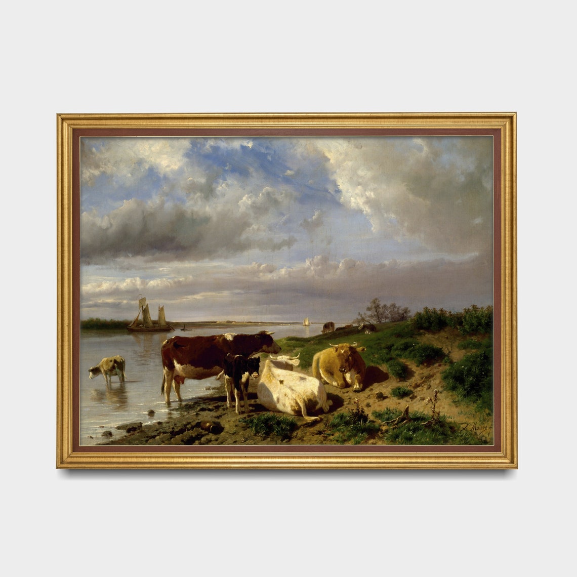 Cattle Resting on a Riverbank with Sailboat Landscape Poster - Image 3
