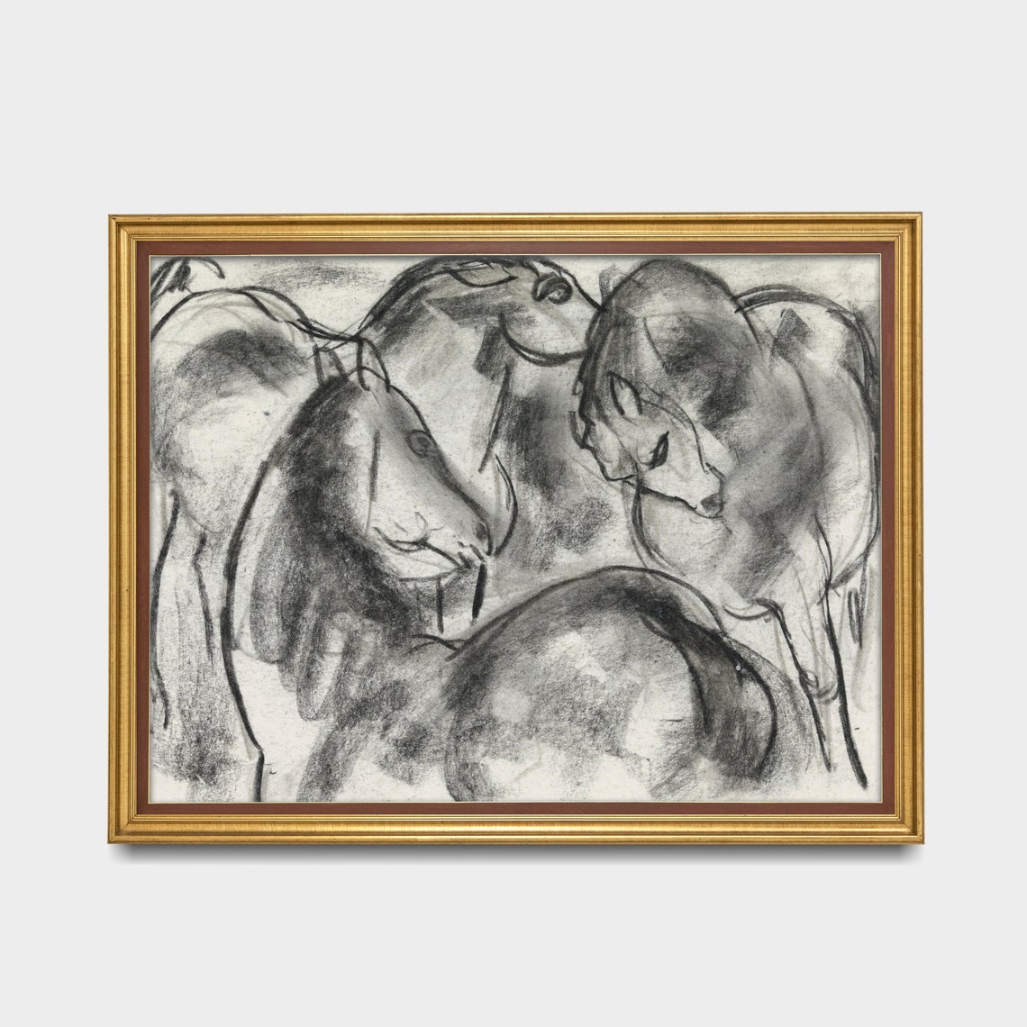 Three Horses Charcoal Sketch Study Antique Equestrian Drawing Poster - Image 3