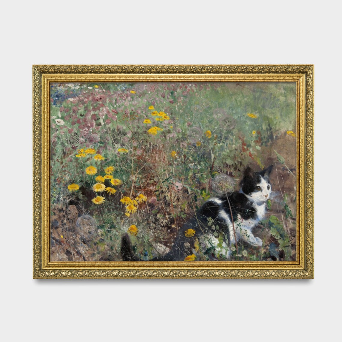 Black and White Cat in Wildflower Meadow Vintage Animal Paint Poster - Image 3