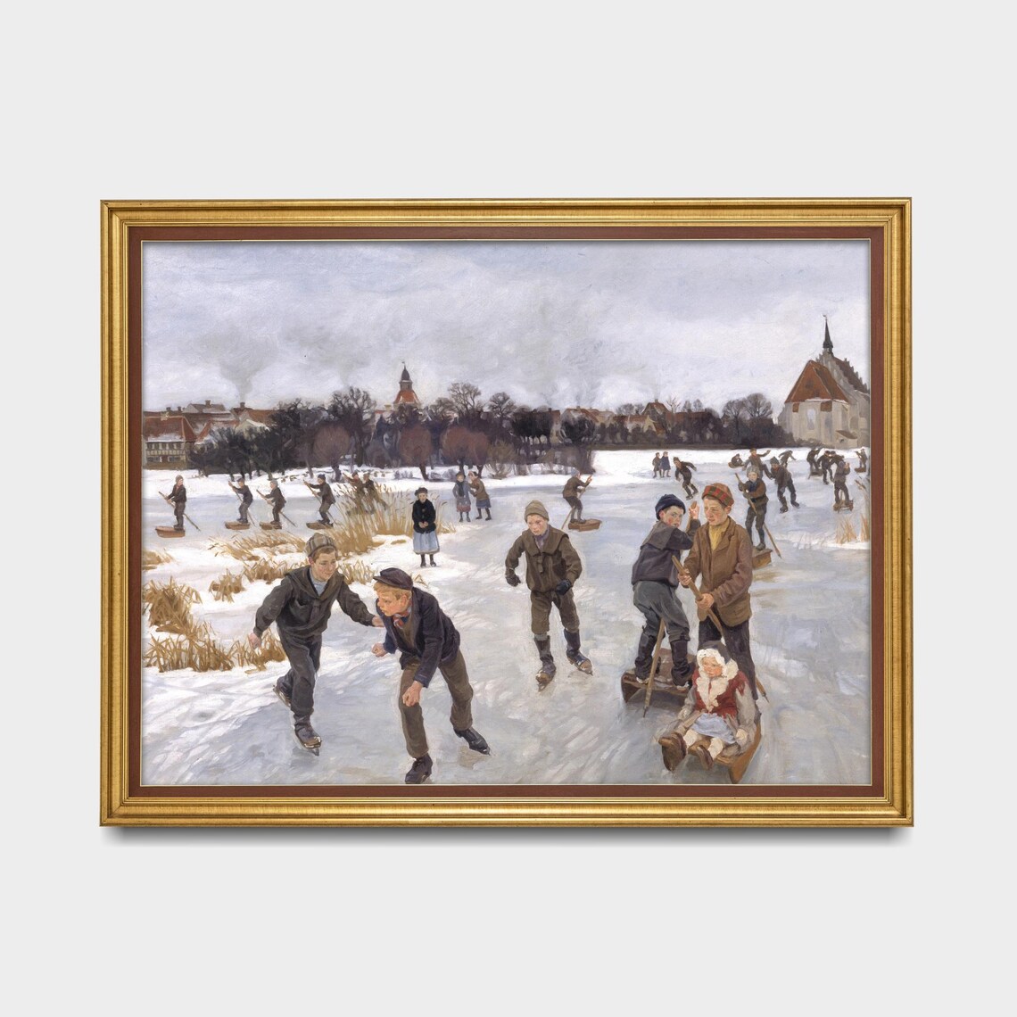 Children Ice Skating on Frozen Lake Vintage Winter Art Poster - Image 5