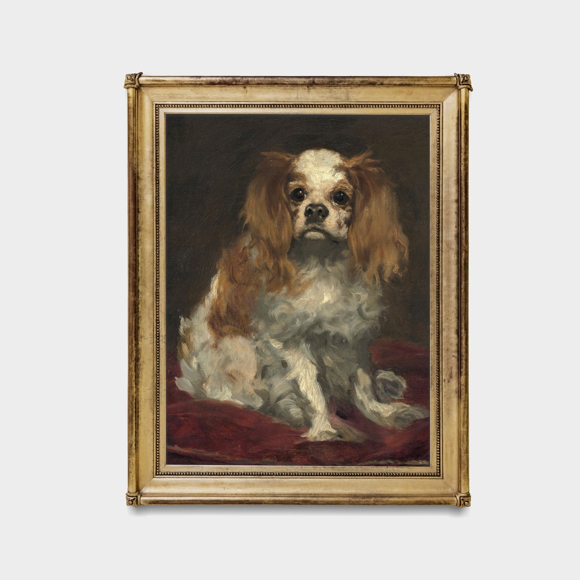 Blenheim Cavalier Spaniel Sitting on a Red Cushion Antique Poster - Image 2
