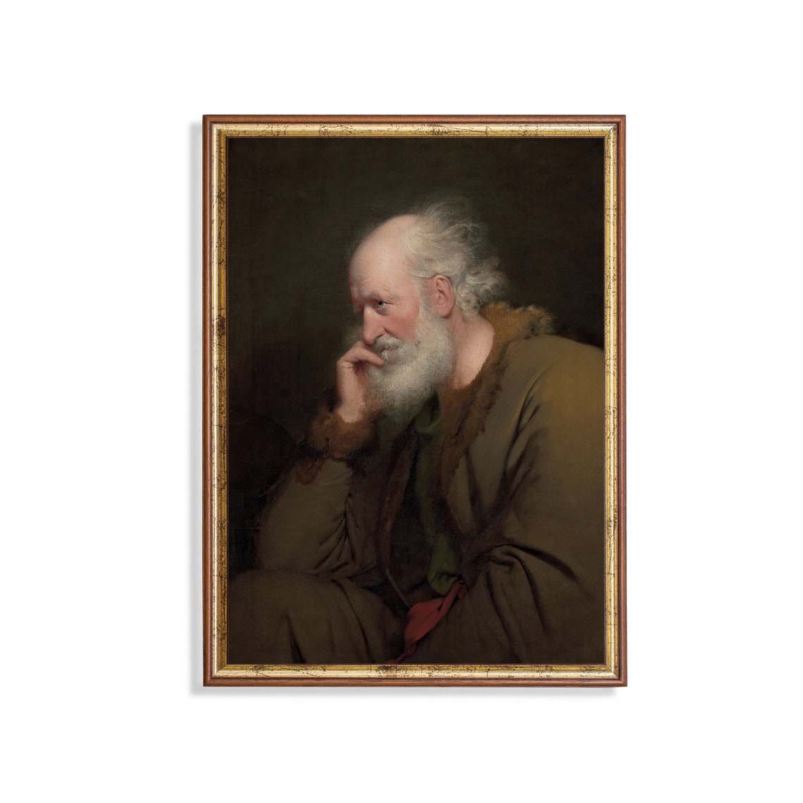 Contemplative Old Man in Fur-Trimmed Robe Vintage Oil Painting Poster