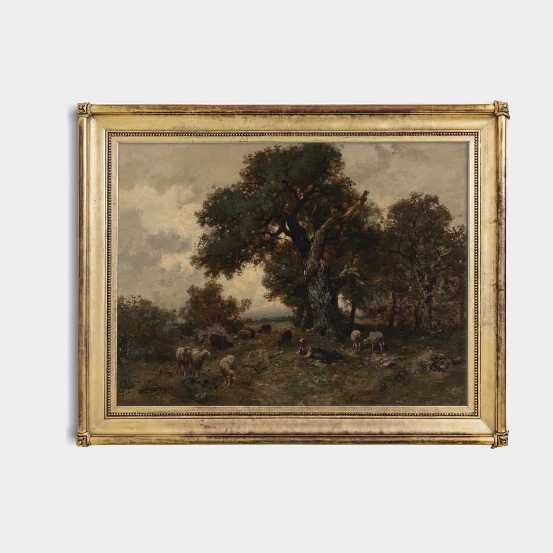 Shepherd Resting with His Sheep Flock Beneath a Grand Oak Tree Poster - Image 4