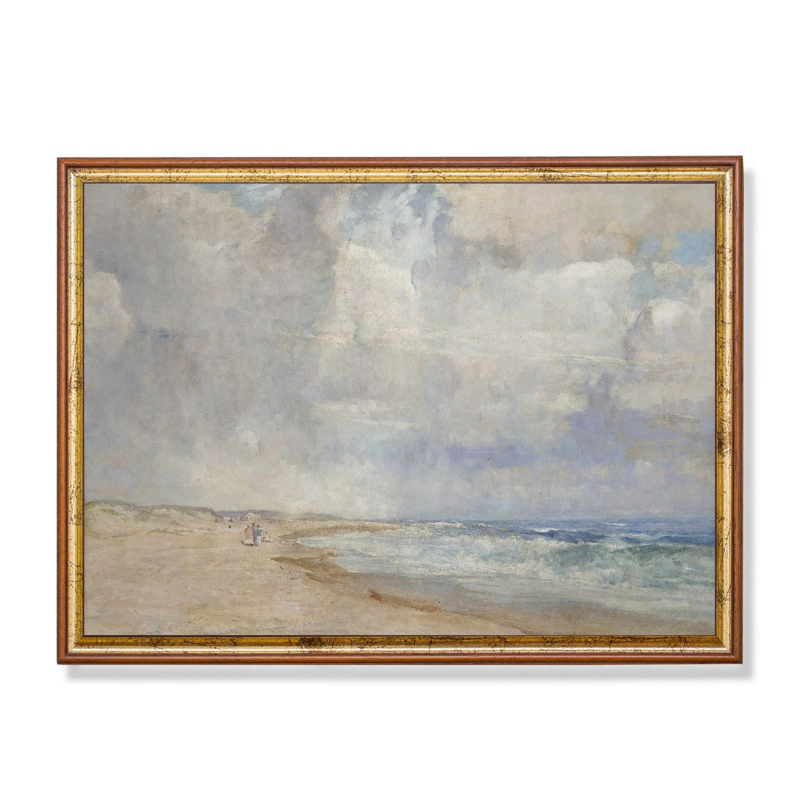 Wide Sandy Beach Under Towering Clouds Vintage Coastal Painting Poster