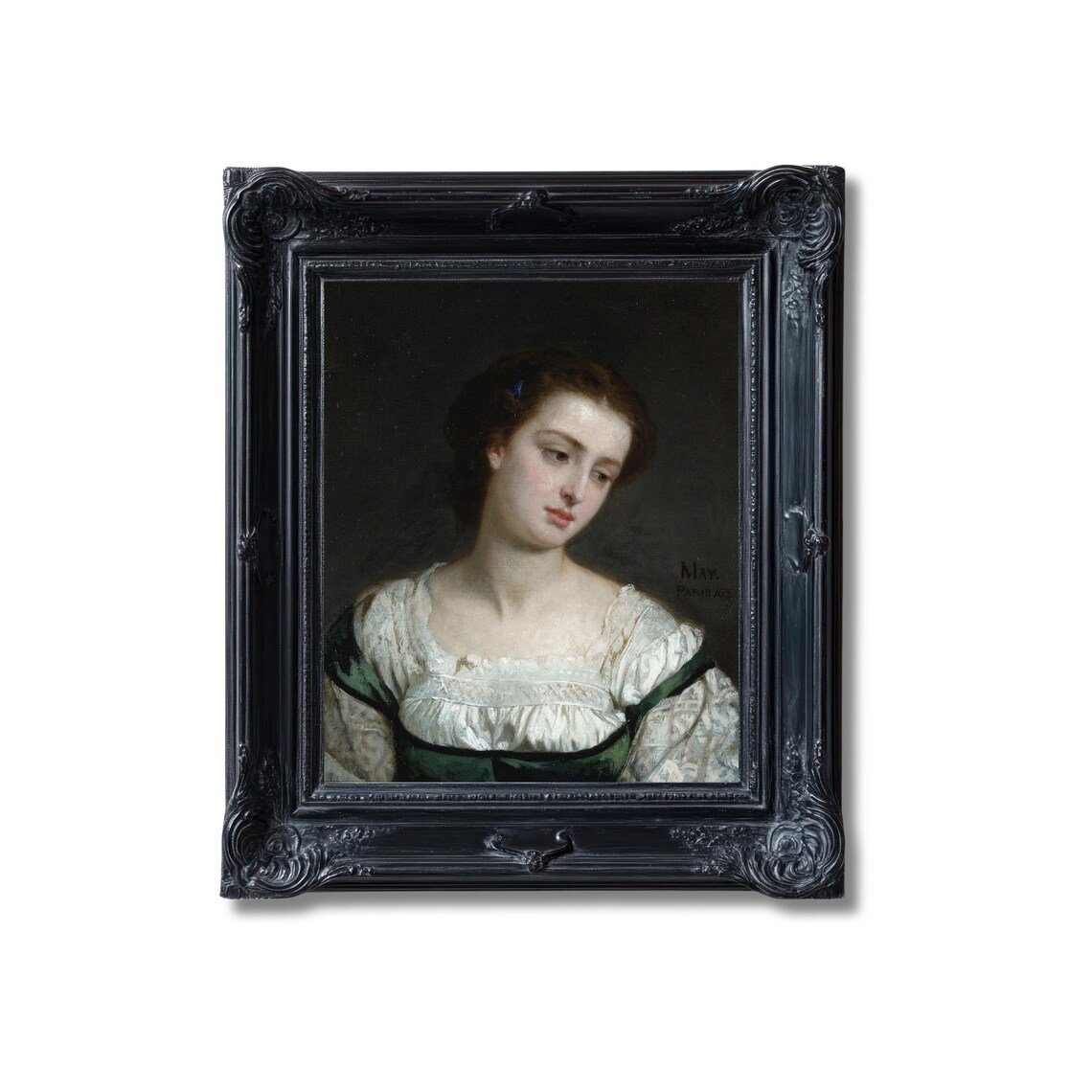 Victorian Young Woman Portrait White Blouse Dark Background Oil Poster - Image 5