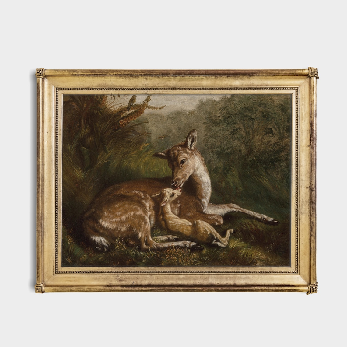 Doe Nuzzling Fawn In Woodland Clearing Vintage Wildlife Painting Poster - Image 3