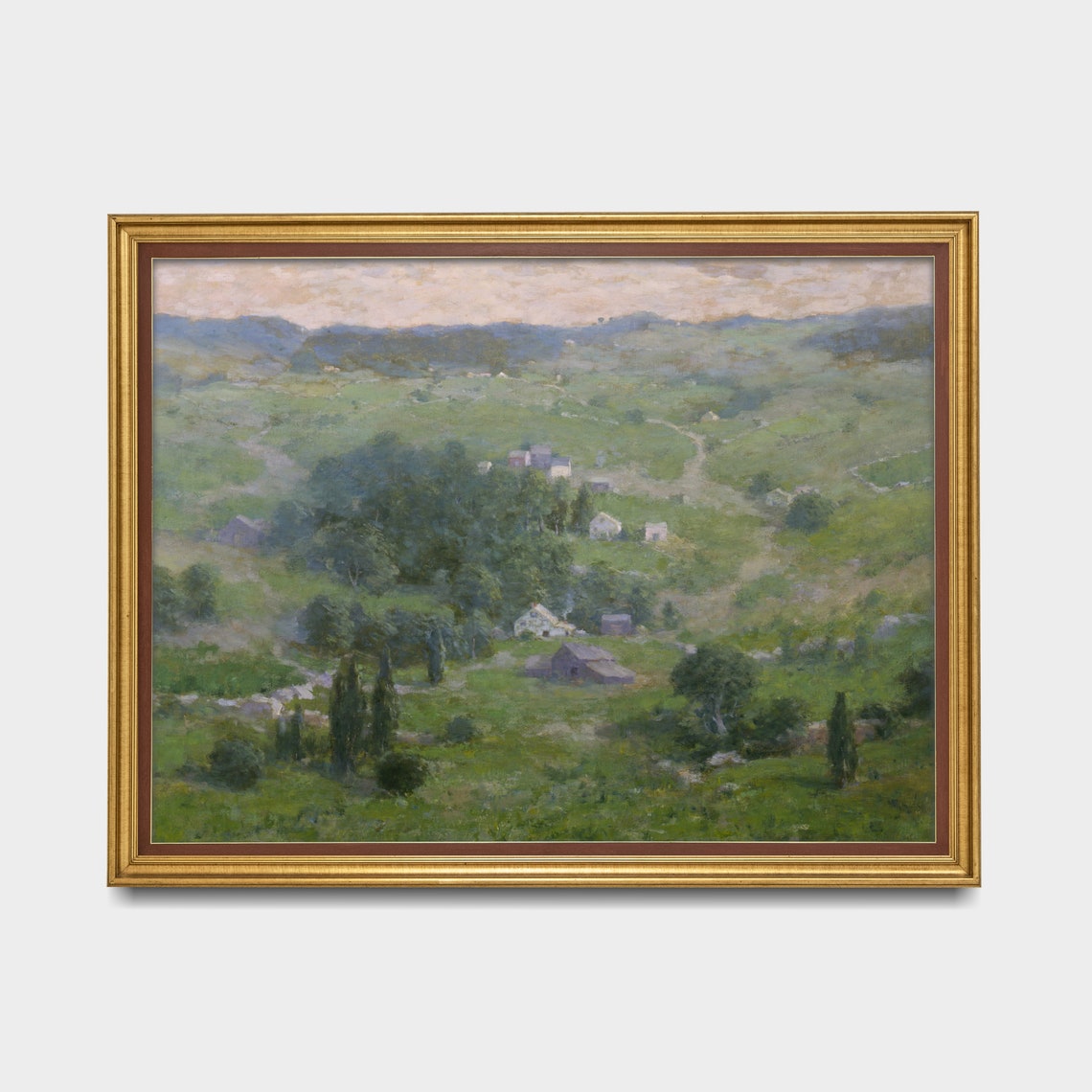 Impressionist Green Valley with Farmhouses Summer Landscape Print - Image 5