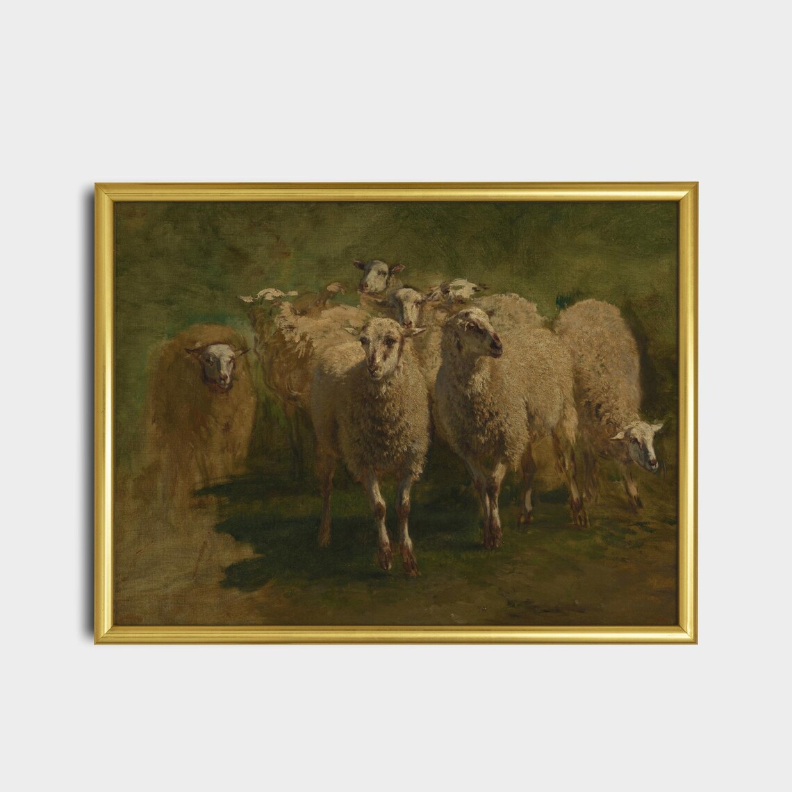 Flock of Sheep Moody Green Vintage Pastoral Oil Painting Poster - Image 2