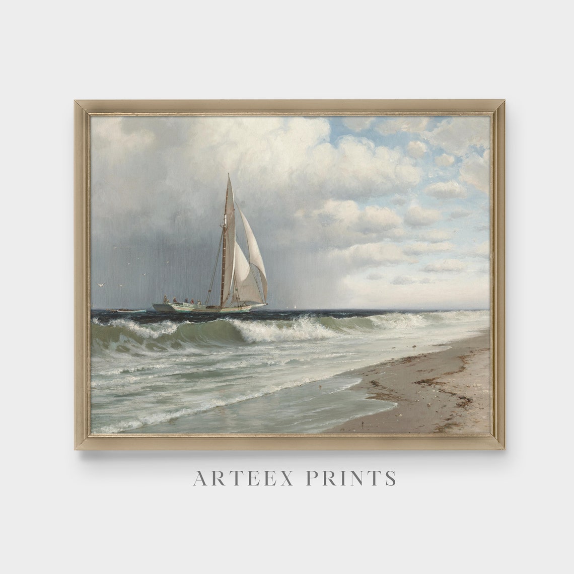 Sailboat With Full White Sails Riding Breakers Vintage Beach Poster - Image 2
