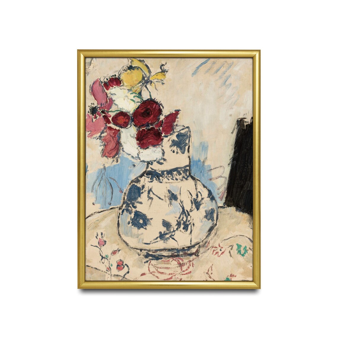 Red and Pink Bouquet in a Blue and White Vase Still Life Art Poster - Image 2