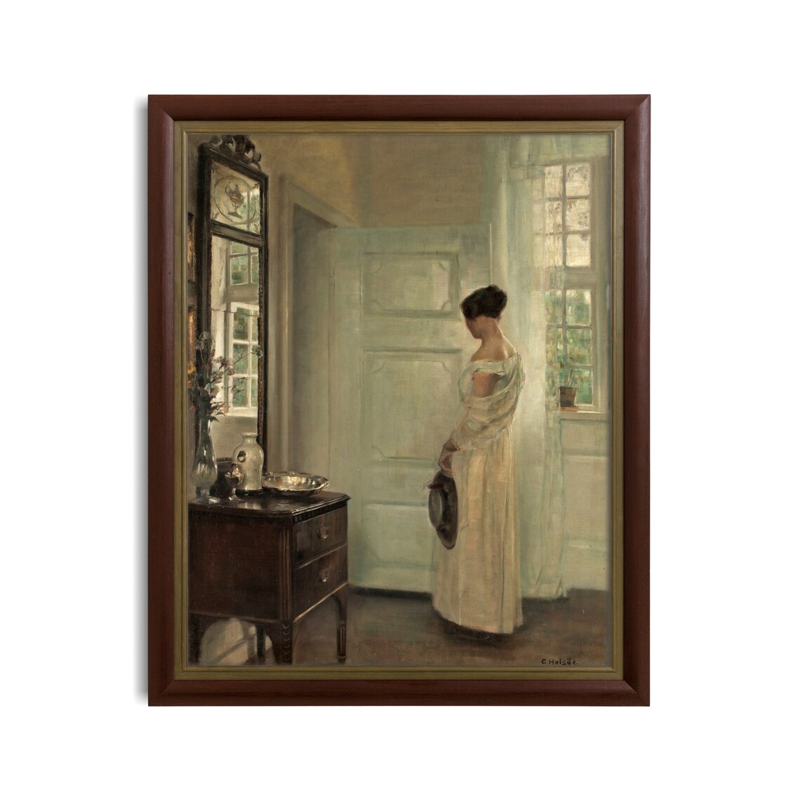 Woman in a White Dress by a Mirror in a Sunlit Room Vintage Interior Poster - Image 2