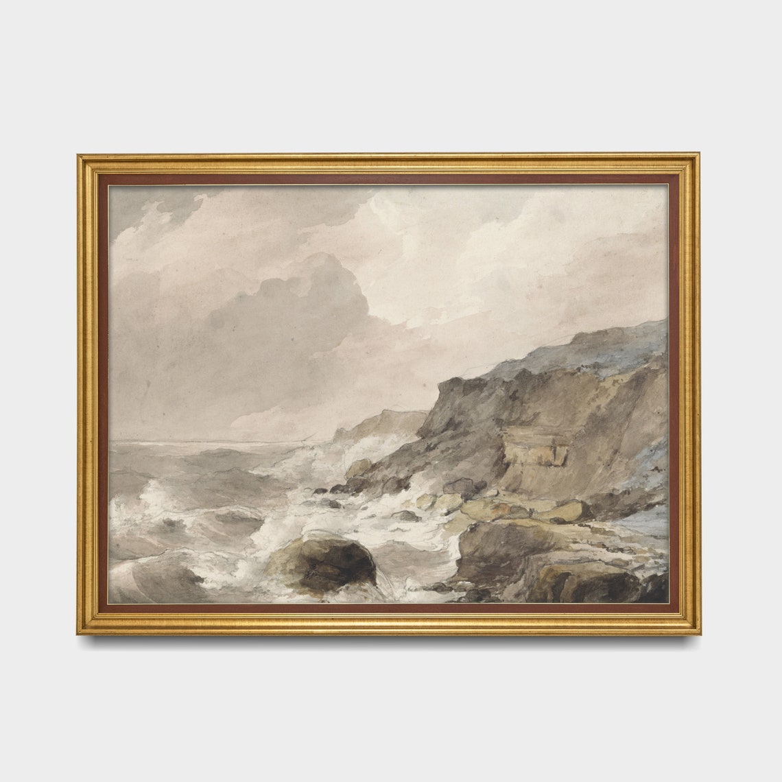 Waves Crashing on Rocky Cliffs Muted Watercolor Coastal Scene Poster - Image 4