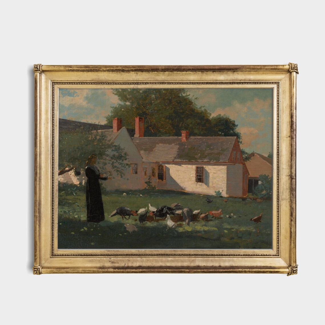 Antique Farmyard Scene with Woman Feeding Chickens Oil Painting Poster - Image 4