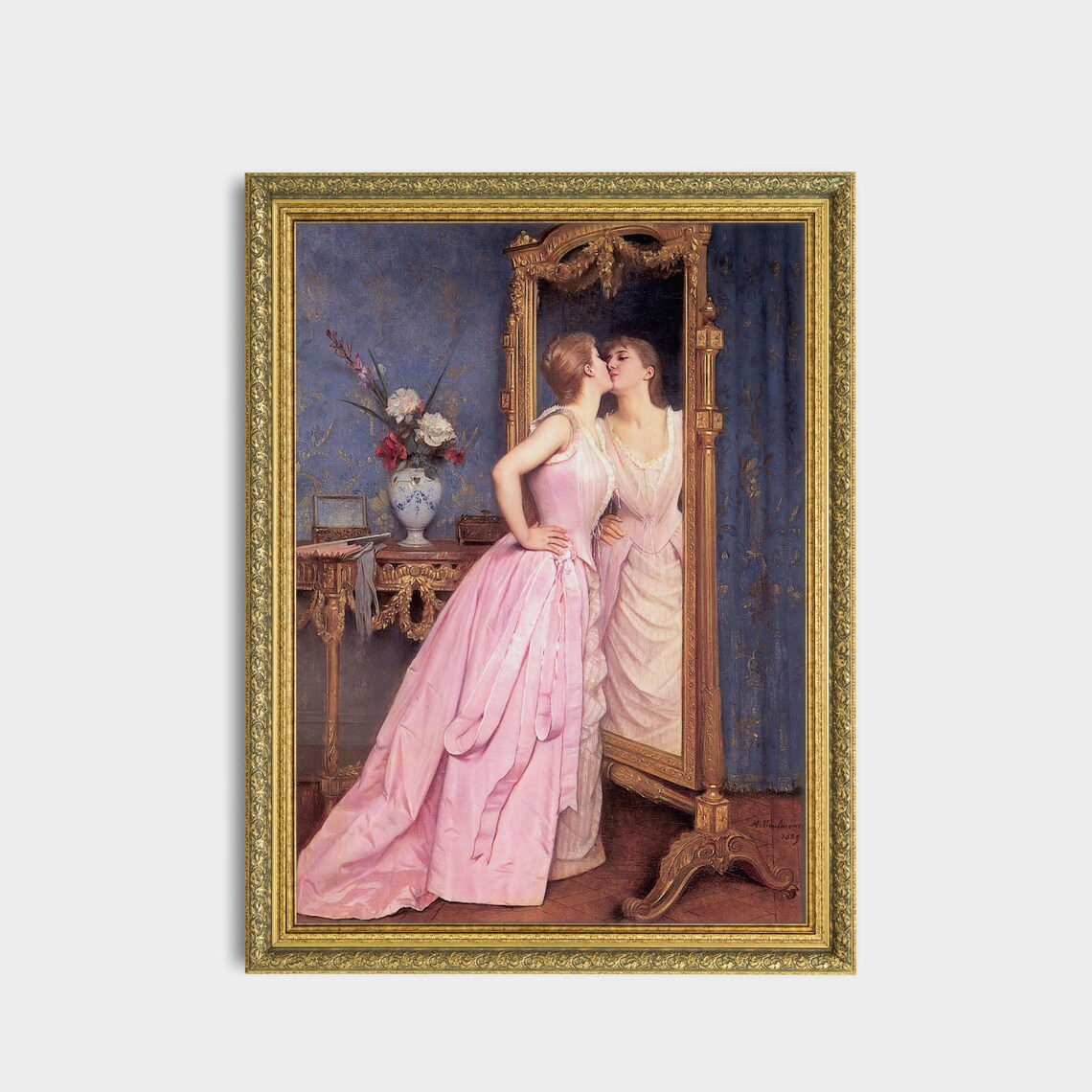 Woman In Pink Gown Kissing Her Reflection In The Cheval Mirror Poster - Image 3