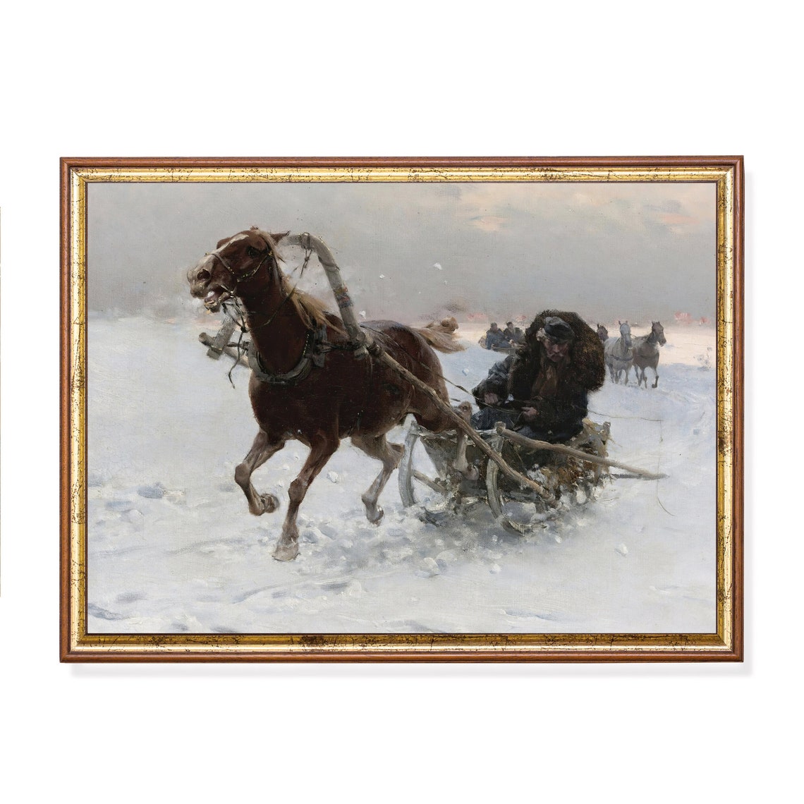 Horse-Drawn Sleigh Racing Across a Snowy Plain Winter Poster