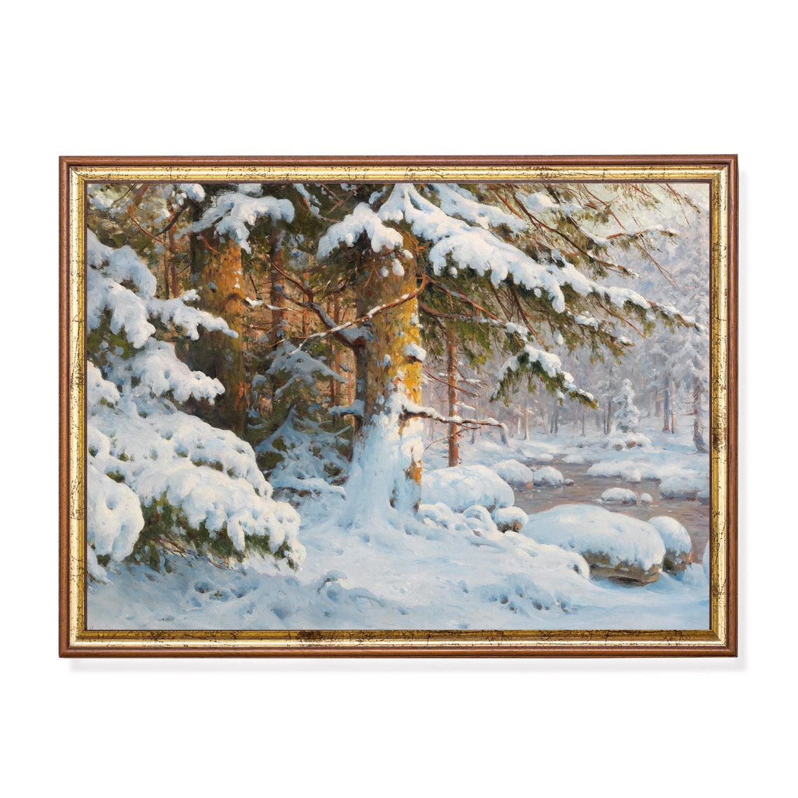 Winter Tall Pines in Deep Snow with Forest Stream Vintage Poster