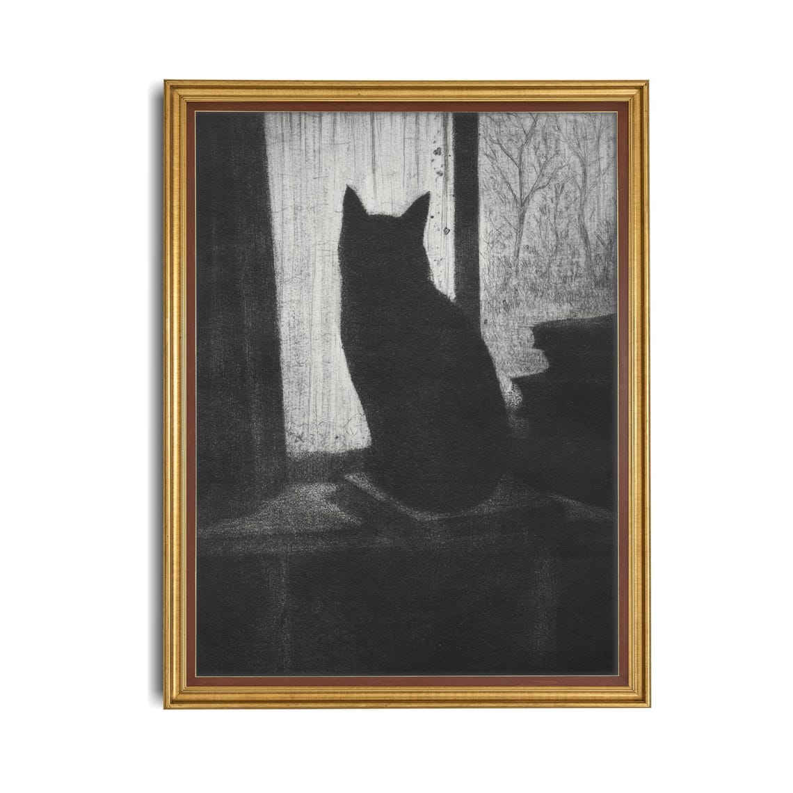 Black Cat Silhouette by a Window Dark Charcoal Sketch Poster - Image 4