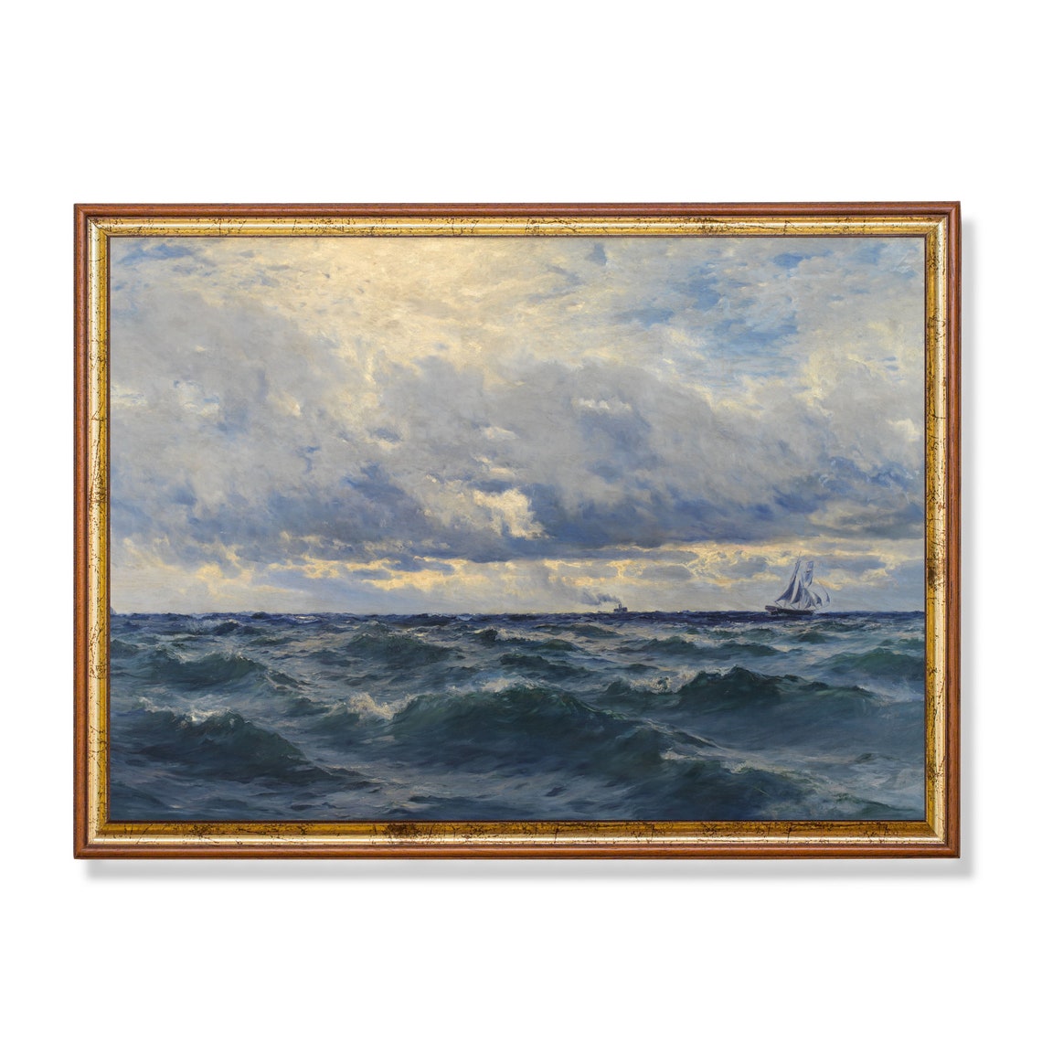 Rolling Ocean Waves with a Sailing Ship Marine Painting Poster