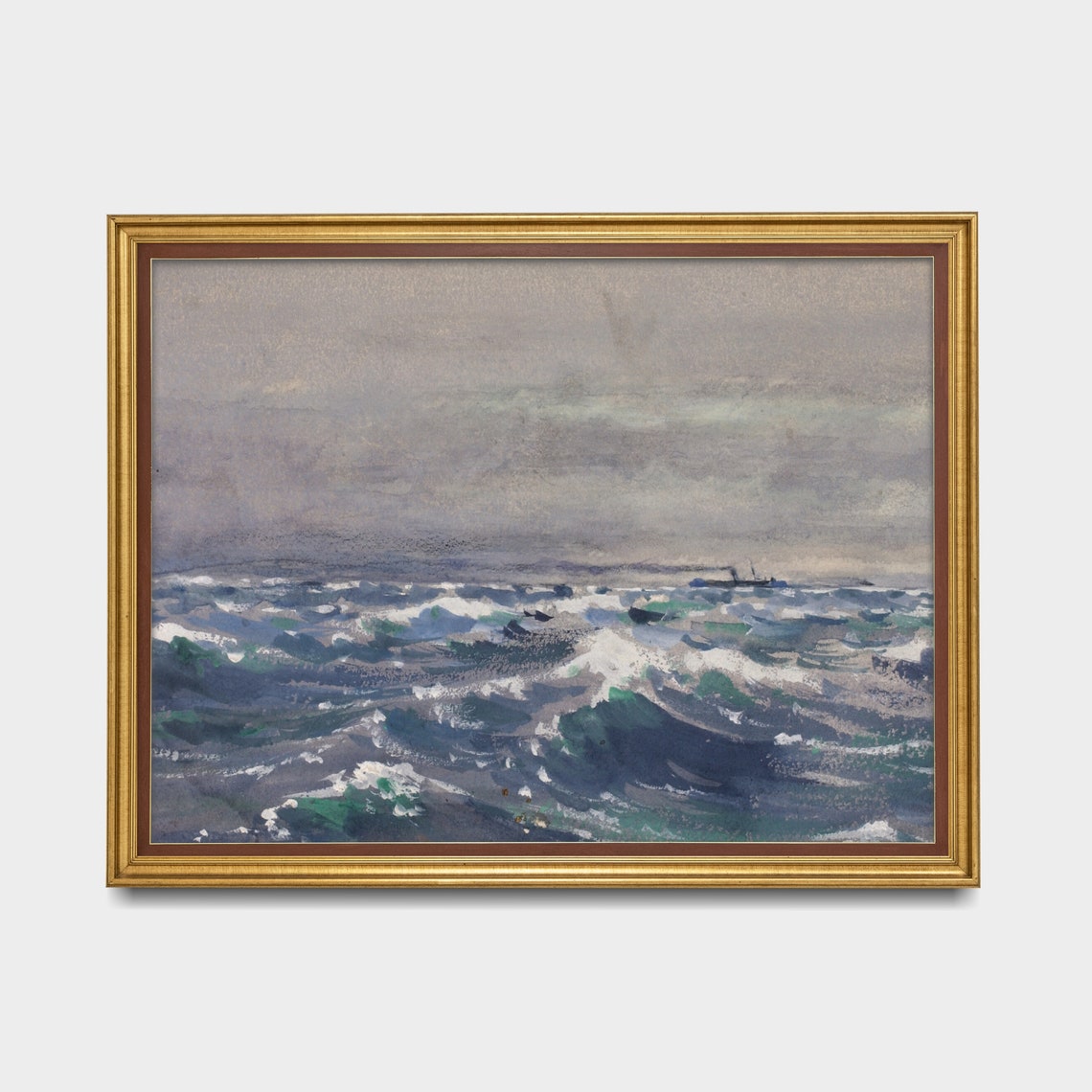 Stormy Ocean Waves with a Distant Ship Seascape Painting Poster - Image 4