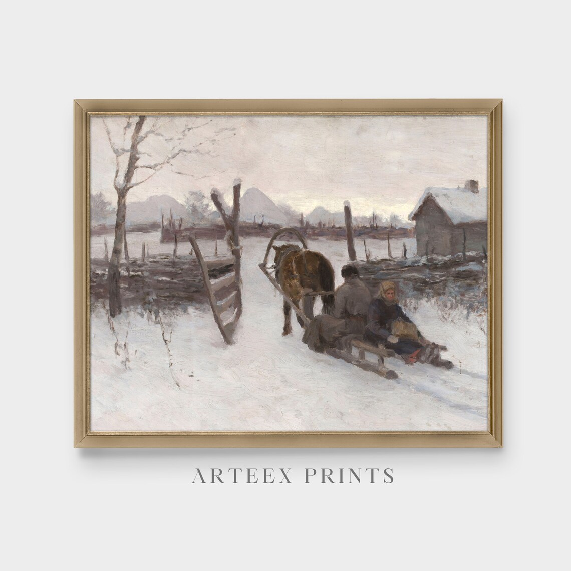 Horse Drawn Sled Passing A Snowy Village At Dusk Vintage Winter Poster - Image 3